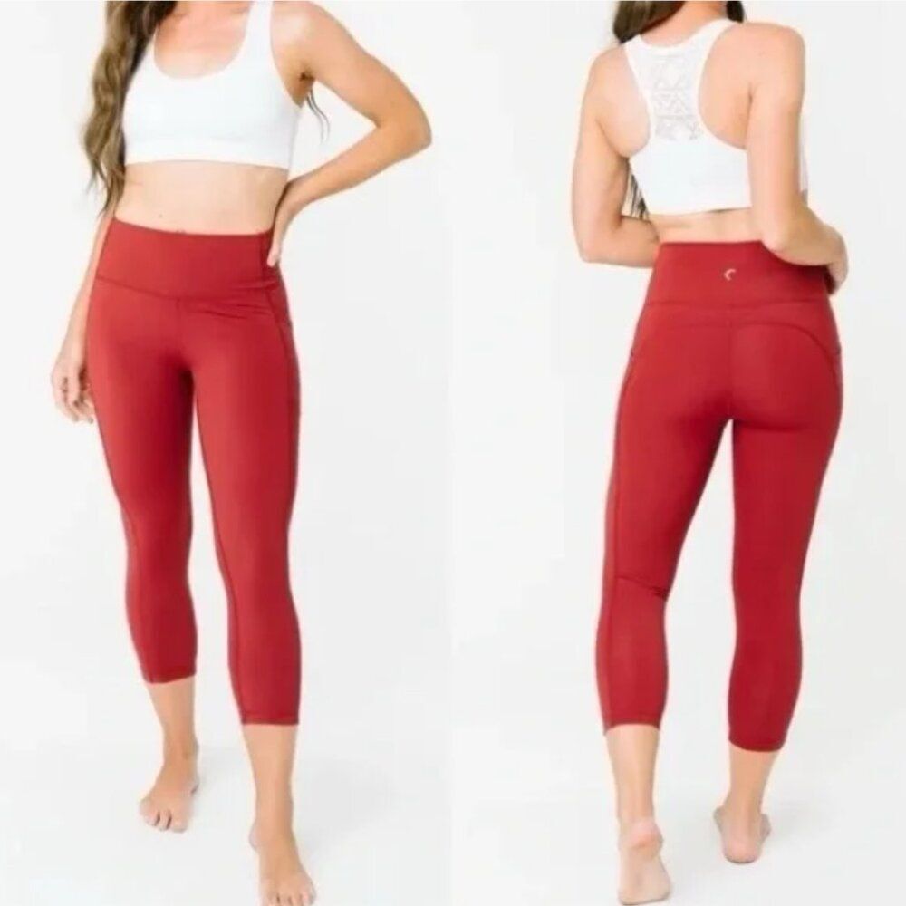 Zyia Brick Red High Rise Crop Leggings with Pockets Size 12